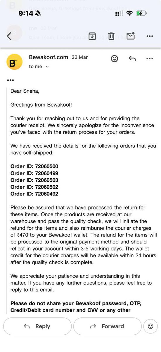 varghesevts's tweet photo. @bewakoof I’ve already shipped the item &amp; it was delivered on 18 Mar. Since then I’ve been following up daily, yet your team says it’s not received &amp; keeps asking me to ship again. I’ve spent extra on shipping &amp; still no proper response. What’s the next step here? https://t.co/Bec2yoKTQm