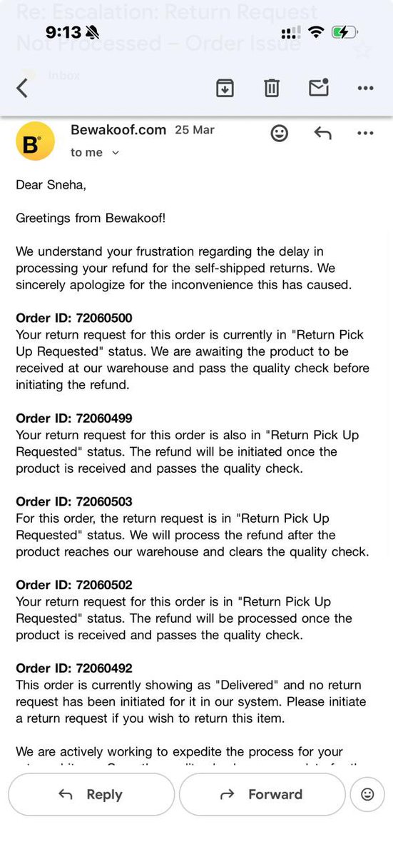 varghesevts's tweet photo. @bewakoof I’ve already shipped the item &amp; it was delivered on 18 Mar. Since then I’ve been following up daily, yet your team says it’s not received &amp; keeps asking me to ship again. I’ve spent extra on shipping &amp; still no proper response. What’s the next step here? https://t.co/Bec2yoKTQm