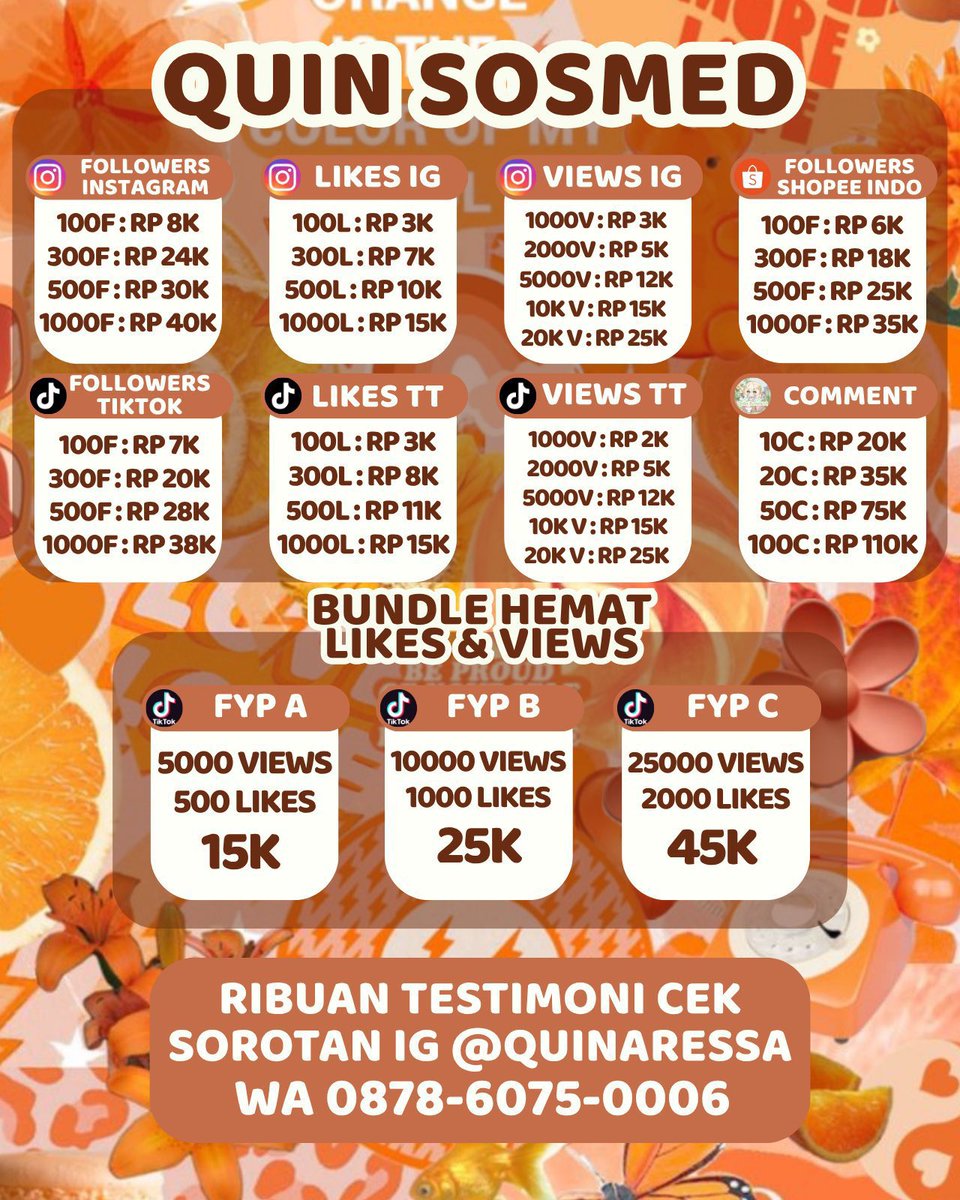 bqoomin's tweet photo. Testimonii 5OOO++

Jual Jasa Ig Tiktok Wts Wtb Shopee Indonesia Indo Murah Likes Views View Like Buzzer Beli Followers Comment Komentar Fztwuue Komen Folls Foll Upfoll Penambah Reels Vt

𝗢𝗿𝗱𝗲𝗿 𝗪𝗔 𝟬𝟴𝟳𝟴𝟲𝟬𝟳𝟱𝟬𝟬𝟬𝟲🍊✨
𝗖𝗮𝗿𝗶 𝘁𝗲𝘀𝘁𝗶 𝗰𝗲𝗸-𝗽𝗿𝗼𝗳𝗶𝗹 𝘆𝗮𝗮 https://t.co/D9kbgApXZk