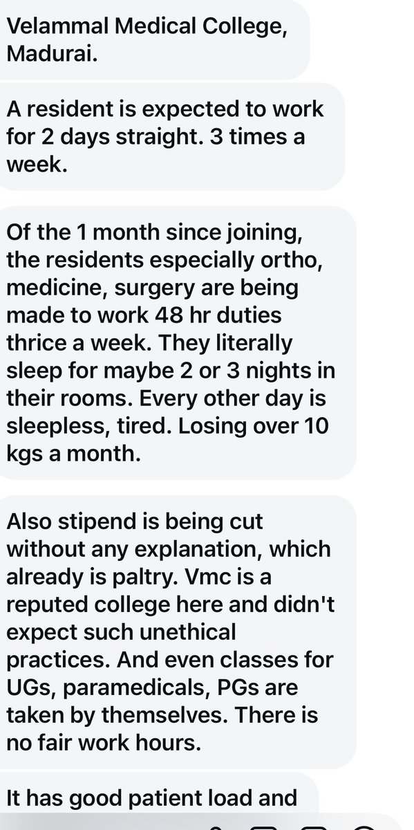 bhatia_nachiket's tweet photo. #letsendtoxicity
48-hour duties. Thrice a week.
Sleep reduced to 2–3 nights a week.
Residents losing 10+ kg in a month.
Stipend being cut without explanation.

This is NOT medical training. This is exploitation.

Velammal Medical College, Madurai — what exactly are you running? A hospital or a labour camp?

Overworked, underpaid, sleep-deprived doctors are being forced to “function” while patient lives are at stake.
And you still call this “education”?

Where are the regulators?
Where is accountability?

#MedicoLivesMatter #StopResidentAbuse #MedicalToxicity #NMC #DoctorsNotSlaves #HealthcareCrisis #IndiaHealthSystem