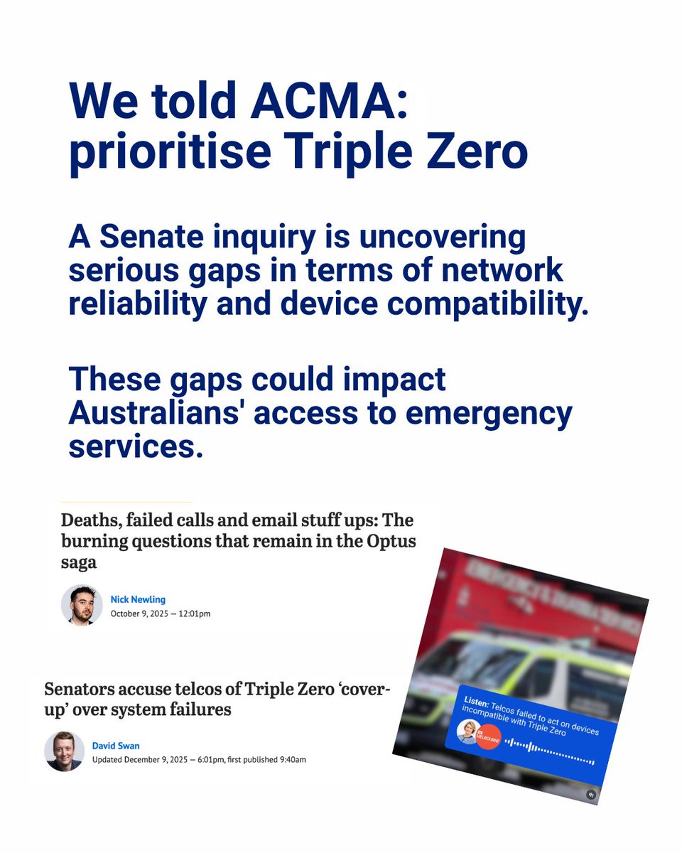 ACCAN_AU's tweet photo. ACMA sets compliance priorities each year. ACCAN has lodged our 2026–27 submission urging ACMA to prioritise #TripleZero, public safety and consumer protection, and to use its powers consistently, proactively and urgently. Endorsed by Westjustice and @consumer_action https://t.co/1DWzdFIYpr