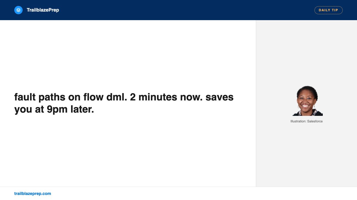 trailblazeprep's tweet image. fault paths on flow dml. 2 minutes now. saves you at 9pm later.

@SteveMoForce

#SalesforceFlow #AppBuilder