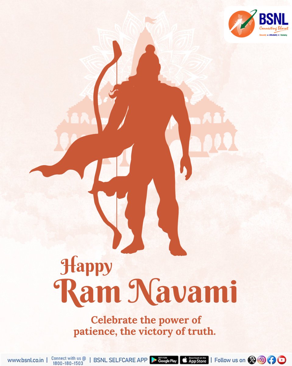 BSNLCorporate's tweet photo. Happy Ram Navami
Celebrate the power of patience, the victory of truth.
May the teachings of Lord Ram guide your journey and bring happiness and positivity into your life.
BSNL wishes you a Happy Ram Navami.
#HappyRamNavami #FestiveJoy #SpiritualVibes #JaiShriRam #BSNL @CMDBSNL @robertravi21