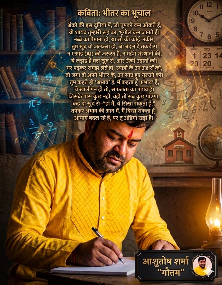 Asusharma1's tweet photo. कविता: भीतर का भूचाल
अंकों की इस दुनिया में, जो तुमको कम आँकते हैं,
वो शायद तुम्हारी रूह का,भूगोल कम जानते हैं।
नब्बे का पैमाना हो, या सौ की कोई लकीर,
तुम खुद वो जलजला हो, जो बदल दे तकदीर।
न एआई (AI)की ज़रूरत है, न महँगे संस्थानों की,
ये लड़ाई है बस खुद से,और ऊँची उड़ानों की। https://t.co/guQcMtcv2l