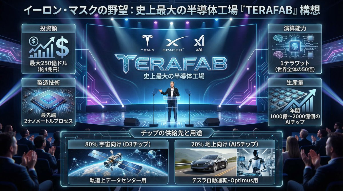 katsumoku__'s tweet photo. 【　イーロン・マスク「TERAFAB」構想とは何か？　】

2026年3月21日、テキサス州オースティンで発表。テスラ・SpaceX・xAIの3社合弁で進める史上最大の半導体工場計画。

主なポイントは？

▶ 投資額：最大250億ドル（約4兆円）

▶ 年間目標：1テラワットの演算能力（現在の世界全体の50倍）

▶ 製造技術：最先端の2ナノメートルプロセス

▶ 生産量：年間1000億～2000億個のAIチップ

▶ 出力の80%は宇宙向け（軌道上データセンター用D3チップ）

▶ 残り20%はテスラ自動運転・Optimusロボット用AI5チップ

マスク語録：「チップが必要なら、自分たちで作るまでだ」「我々は銀河文明を始めている」

背景には現実的な問題あり：AIチップ不足は業界共通の課題で、Synopsys CEOも「2026～2027年まで続く」と見通す。

KATSUMOKUブログに詳細レポートをアップしました。

#テラファブ #TERAFAB #イーロンマスク #ElonMusk #テスラ #Tesla #SpaceX #xAI #半導体 #AIチップ