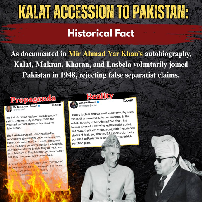 junnatbloch's tweet photo. Kalat Accession to Pakistan: Historical Fact
As documented in Mir Ahmad Yar Khan’s autobiography, Kalat, Makran, Kharan, and Lasbelavoluntarily joined Pakistan in 1948, rejecting false separatist claims.
#MirAhmedYarKhan
#27March1948
#Balochistan
#PakistanUnity https://t.co/ltc8KfsbdW