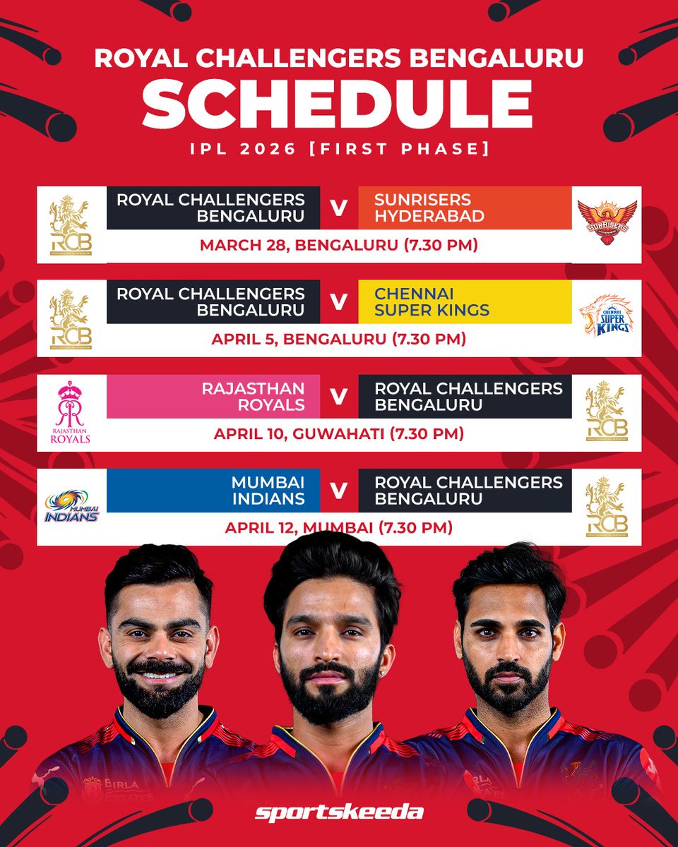 Here's the first-phase schedule for Royal Challengers Bengaluru in IPL 2026!