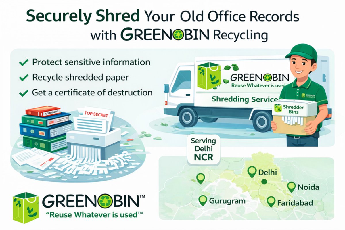 GREENOBIN's tweet photo. Secure your sensitive office data the responsible way. Professional shredding of old office records across Delhi NCR—ensuring complete data destruction, certified compliance. Protect your information. 
#greenobin #circulareconomy #recycling #paper #shredding #Bookspulping https://t.co/SlzEb7FnjF