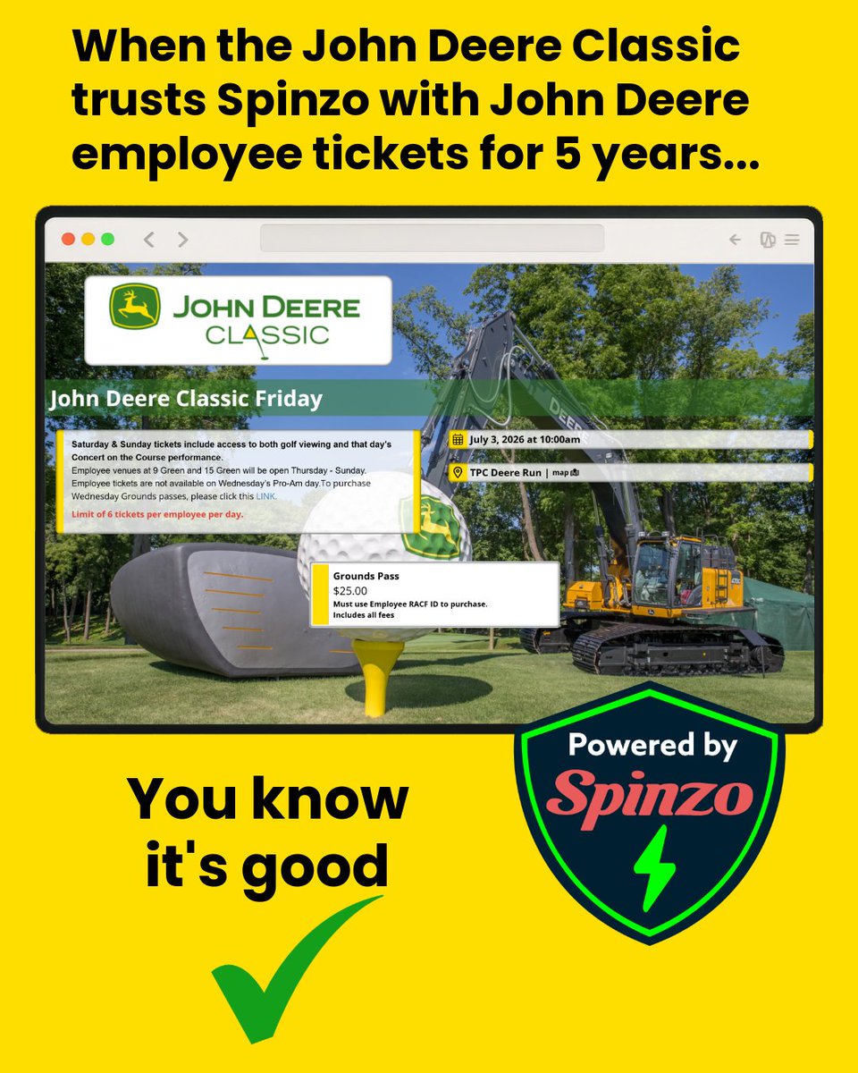 When the John Deere Classic trusts Spinzo with John Deere employee tickets for 5 years... you know it's good. Immersive Design. Precise gating. Concrete Limits. Amazing Customer Service. It's #TheSpinzoWay