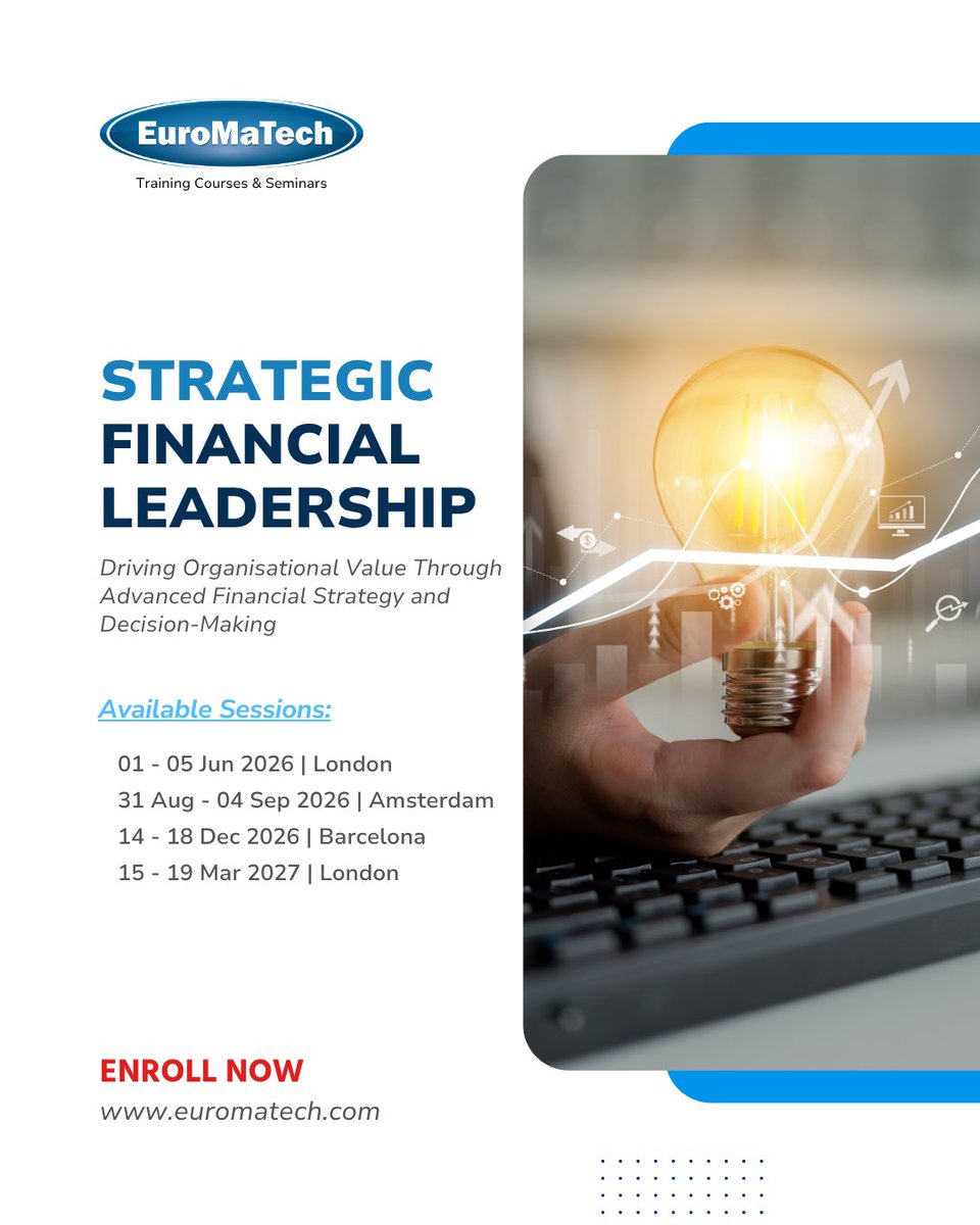 euromatech's tweet image. In today’s competitive landscape, financial leadership is no longer just about numbers — it’s about driving strategy, performance, and long-term value.

🔗 To Register: euromatech.com/course/strateg…
📞 Call / WhatsApp: +971 54 767 5555
✉️ Email: info@euromatech.com

#StrategicFinance