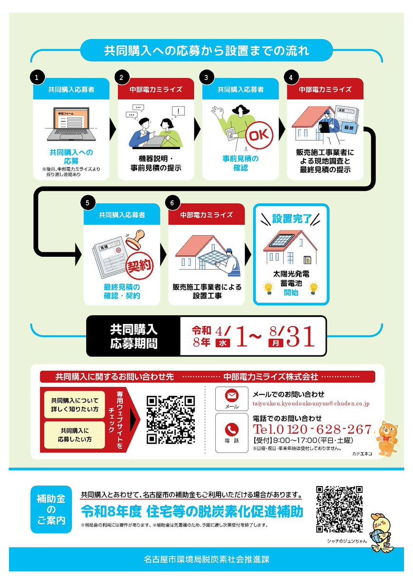 ＼はじめませんか？共同購入の太陽光発電🌞／
共同購入とは、#太陽光発電設備 などを設置する方を募集し、まとめて調達することで価格の低減を図る仕組みです。
#中部電力ミライズ（株）が事業運営中
国や市の補助金との併用も🆗
詳しくは⬇️
miraiz.chuden.co.jp/home/machine/c…
#なごやの環境