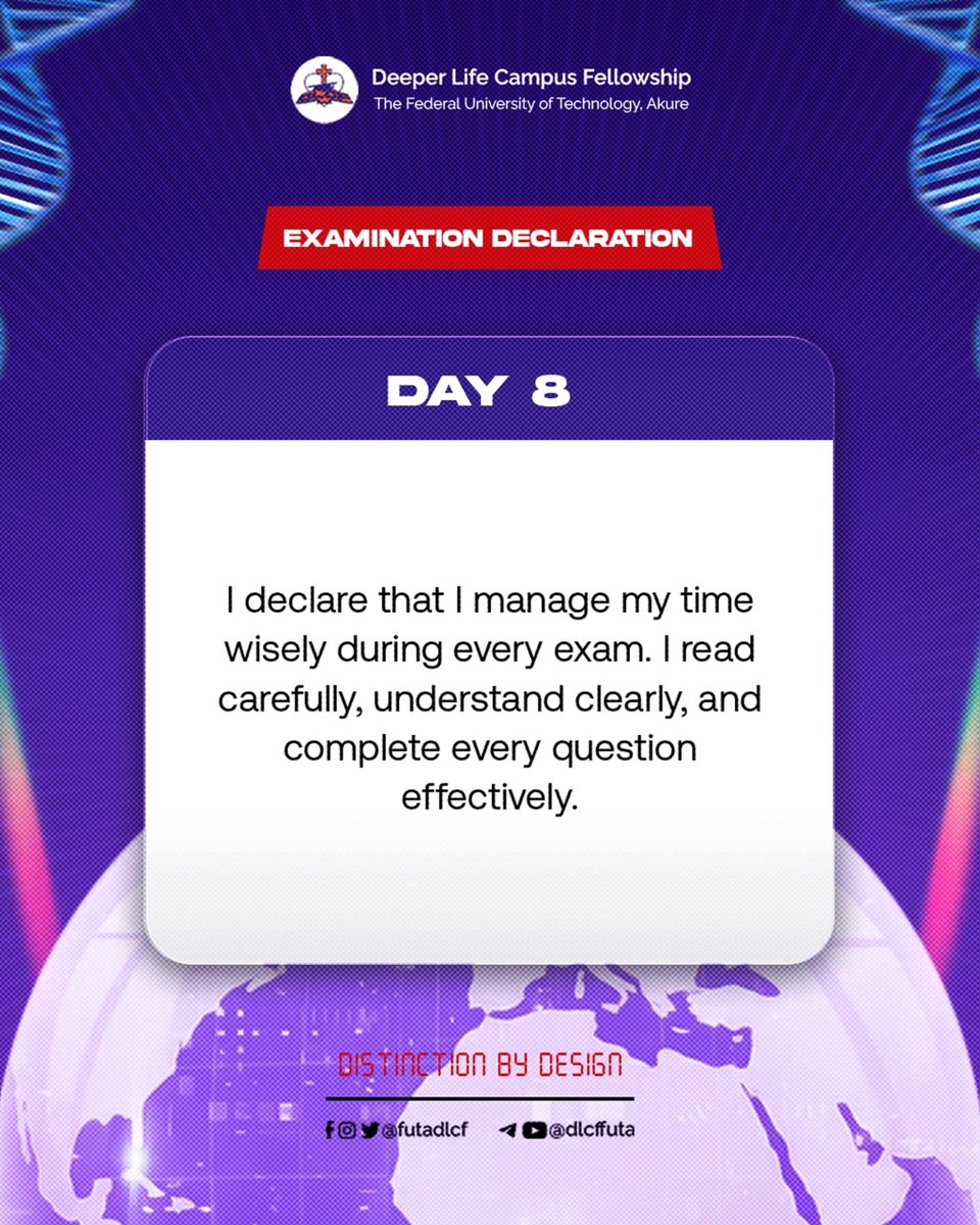 FutaDlcf's tweet photo. Examination Declaration || Day 08 π
I declare that I read carefully, understand clearly and complete every question effectively.
π For the LORD giveth wisdom: Out of his mouth cometh knowledge and understanding. - Proverbs 2:6
#distinctionbydesign #iwrite5dot https://t.co/R6K5EPOtIb