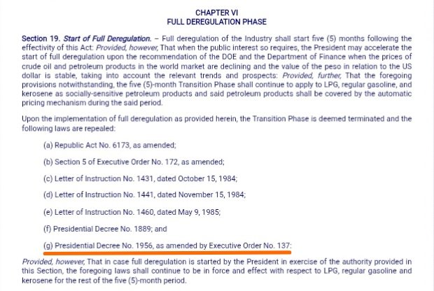 Bakit hindi ‘makapag-subsidize’ ang gobyerno sa presyo ng petrolyo tuwing may emergency o krisis gaya ng ginagawa sa Thailand?

Dahil ito sa Republic Act No. 8479 o mas kilala ng karamihan bilang Oil Deregulation Law.

Noong wala pang Oil Deregulation Law, mayroon tayong PD 1956