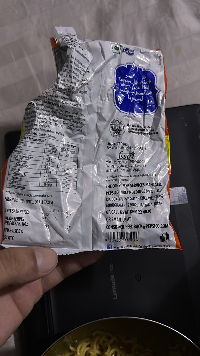 Pushpak_256's tweet photo. Hey @KurkureSnacks @PepsiCoIndia, I bought a packet of Masala Munch that’s 70% empty (just masala!), and to make it worse, the Batch Number &amp; MRP are missing/illegible Only the barcode [8 9014991 361026] is clear. Is this how quality control works? 
#Kurkure #ConsumerRights https://t.co/eG1UZDpdbd