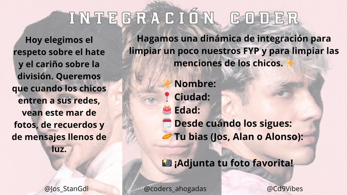 Sabemos que han sido semanas difíciles, por lo tanto, a decisión de muchas, haremos la dinámica de integración para unirnos como fandom y conocernos más entre todas.🫶
También para demostrarles a los chicos que aquí seguimos firmes con ellos. ✨ <a href="/CD9/">CD9</a>
🗓26 Marzo ⏰️6PM