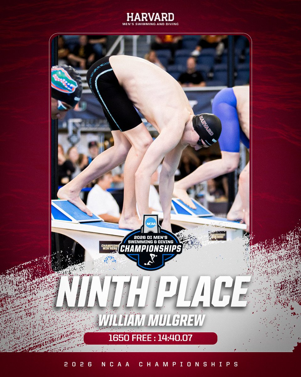 HarvardSwimDive's tweet photo. #HMSD's William Mulgrew finished in ninth place in the 1,650 free at the NCAA Championships!
Recap: https://t.co/uYjPU7WnGe
#OneCrimson #GoCrimson https://t.co/t0hupAVgQ3