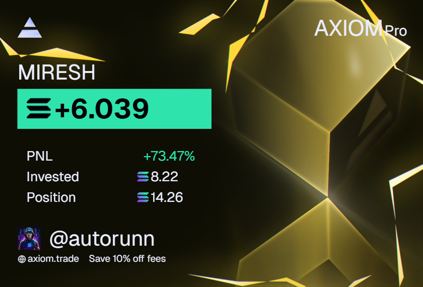 AutorunSOL's tweet image. ⭐ An Axiom trader just made +6.04 SOL ($544) PNL on $MIRESH!

4h1up7hpUUkUD1dNg1RtAiS66XJ9YGya2F2sesEXpump

💎 Trade memecoins on Axiom – axiom.trade/@autorunn
📌 For more info, check my profile.