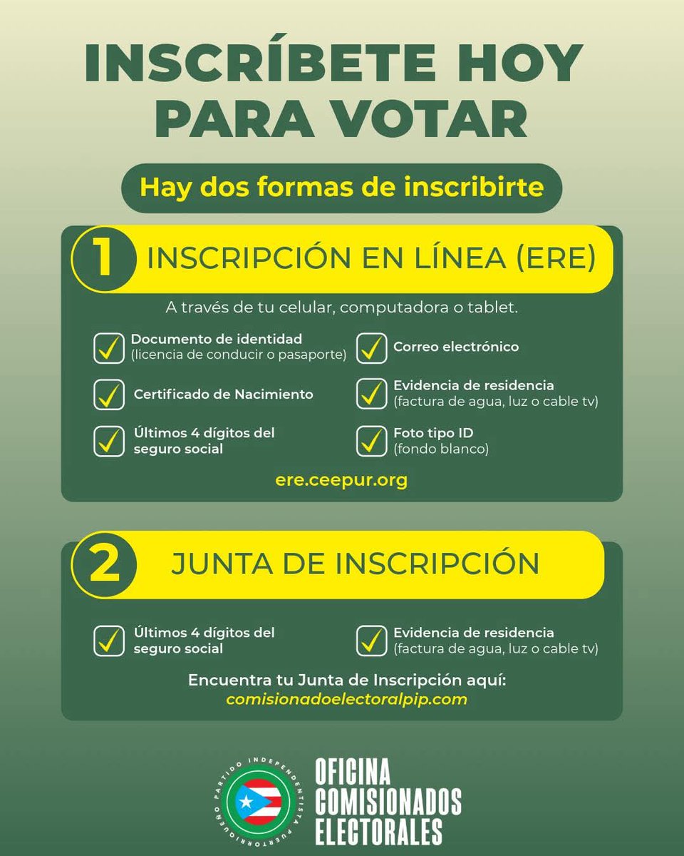 ComiteP79943's tweet photo. Ahora puedes inscribirte por el eRe de la comisión estatal de elecciones , si necesitas asistencia puedes comunicarte con Radames Medina al número (939)207-8982 o al número (787)822-5676. https://t.co/7phSncuFfT