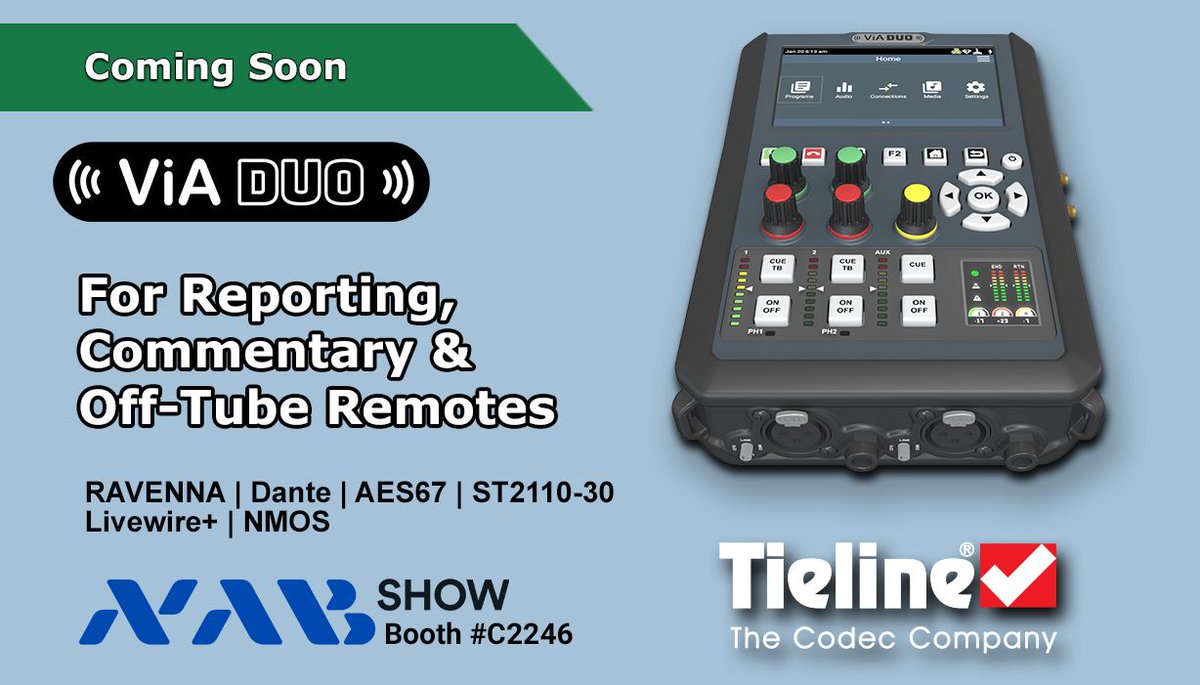 Tieline's tweet photo. 📢 The new ViA Duo codec will be revealed for the first time at the #NABShow 2026 at #Tieline booth C2246 in the Central Hall. Don't miss it. #ViADuo https://t.co/mH28BEMVOm