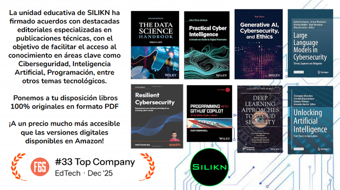 victor_ruiz's tweet image. 📘 La unidad educativa de SILIKN tiene disponibles libros originales en PDF sobre #Ciberseguridad, #IA, #Programación y más.
Gracias a acuerdos con editoriales especializadas, ¡accede al conocimiento técnico a precios súper accesibles! 💡 cutt.ly/MrmsQawH