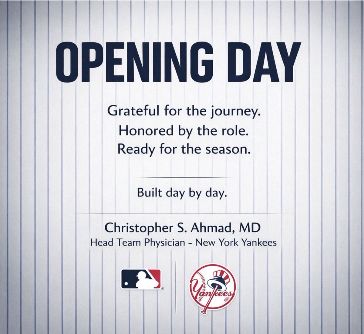 drchrisahmad's tweet photo. Opening Day.

There’s nothing like it.

Grateful to walk into the clubhouse once more…

Grateful to stand alongside world-class athletes, coaches, and staff…

Grateful for the trust, the responsibility, and the privilege of caring for the best in the game.

This isn’t just baseball.
It’s preparation.
It’s resilience.
It’s showing up every single day ready to perform when it matters most.

Another season. Another opportunity.

Let’s get to work.

⚾️

#OpeningDay #Yankees #MLB #BaseballSportsMedicine #Gratitude