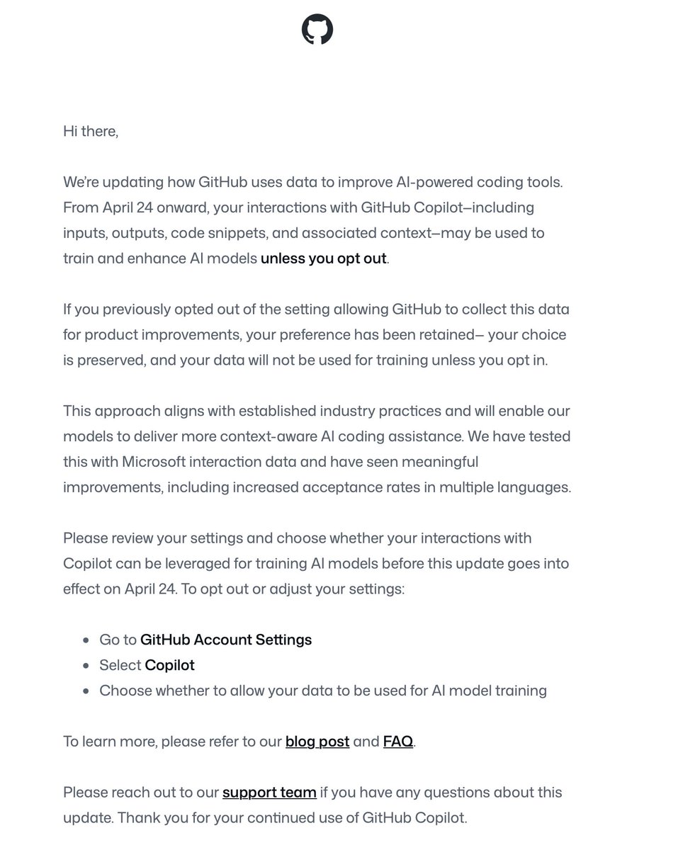 Lonely__MH's tweet image. 🚨🚨GitHub Copilot 用户注意了！

GitHub 宣布从 4 月 24 日起，默认将使用你的代码片段和交互数据来训练 AI 模型。如果你不希望自己的代码被“喂”给 AI：

1️⃣ 进入 GitHub 设置

2️⃣ 找到 Copilot 选项

3️⃣ 勾选“不允许数据用于模型训练”

记得在截止日期前检查你的隐私设置！

#GitHub #Copilot #AI