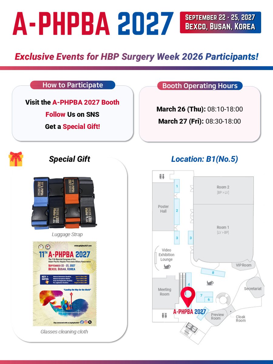 aphpba2027's tweet photo. 📷Exclusive Events for HBP Surgery Week 2026 Participants!
Please visit A-PHPBA 2027 booth and get a special gift during the HBP Surgery Week 2026 congress.📷
🚩Where: A-PHPBA 2027 Booth (B1, No. 5), Grand Hyatt Incheon
🚩When: During the HBP Surgery Week Congress (March 26-27) https://t.co/AmBSq7hsh3