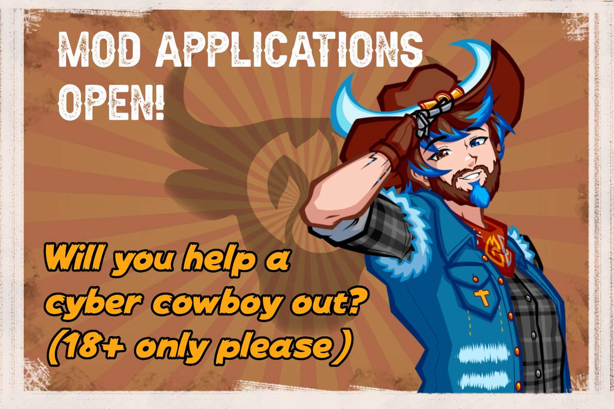 This cyber cowboy is looking for mods for both Twitch and the new Discord server! 🤠 

If you’re kind, responsible, and willing to help out the Nerd Herd, now's your chance!  

Apply here: forms.gle/U9xvuUjbcKuCYS…

Retweet and tag some friends! The more help the merrier!