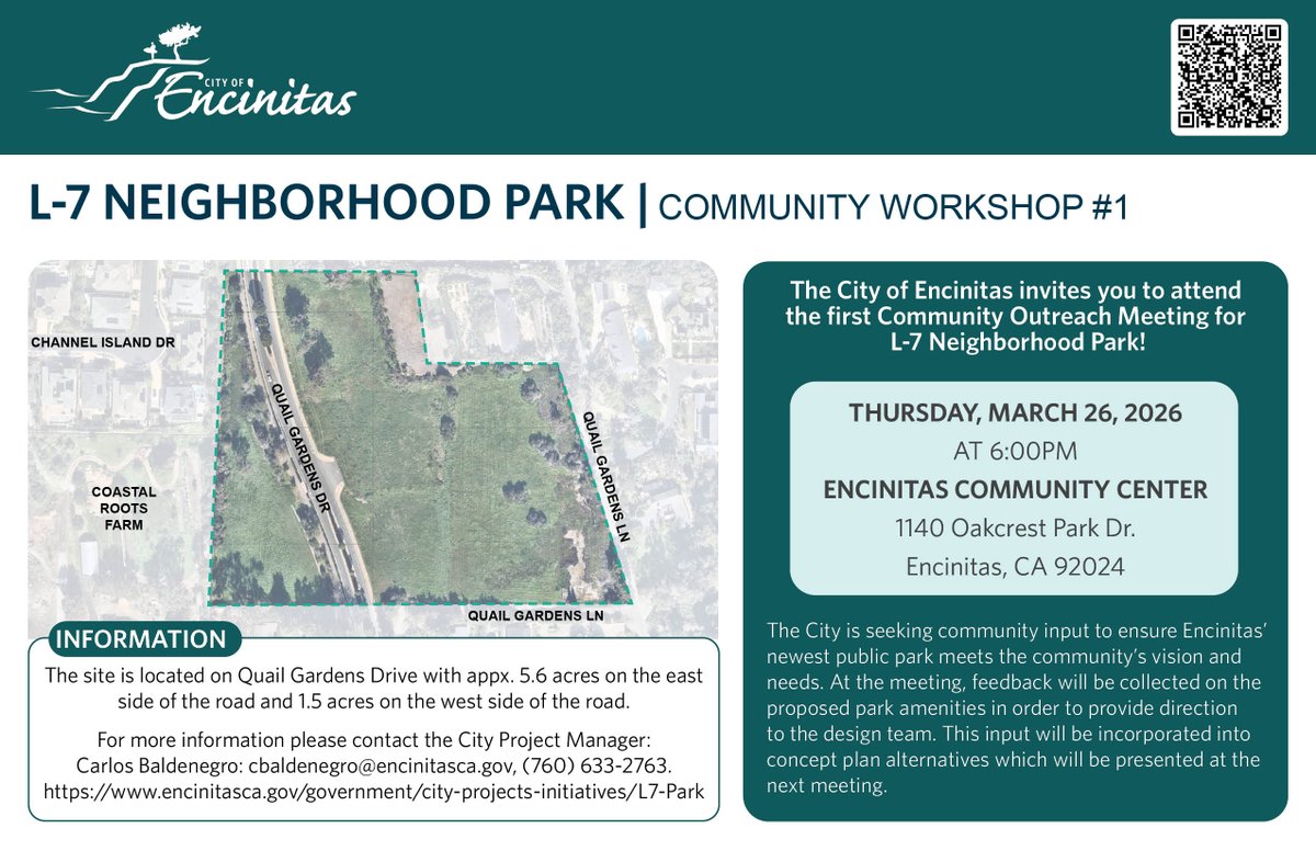 EncinitasGov's tweet photo. The City of Encinitas invites you to attend the first community outreach meeting for L-7 neighborhood park! We are seeking your input to ensure our newest public park meets the community's vision and needs. https://t.co/VIE9EeOIMU