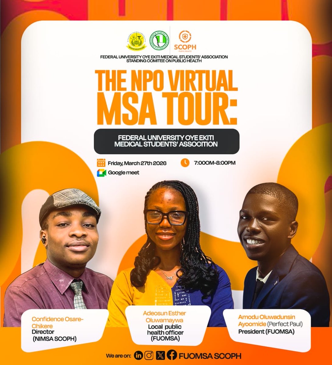 Fuomsascoph's tweet photo. The NPO Virtual MSA Tour is an interactive session designed to engage students in SCOPH, share the NIMSA synergy, and explore practical ways to strengthen public health activities in our schools.

📅 Friday, March 27, 2026
⏰ 7:00 PM
📍Google Meet https://t.co/d5KLgjPnoB