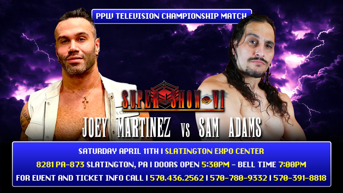 PPWProWrestling's tweet photo. At A Dream of Spring, Joey Martinez closed the deal and won the PPW TV Championship!

On 4/11 at SuperShow VI, "The Closer" faces a master of the cutthroat tactics Martinez has left behind since his return: "Mr. Good Luck" Sam Adams!
 
🎟️: https://t.co/OFKOLP80cJ
🎨: @bm2kx https://t.co/4XkDSabHOd