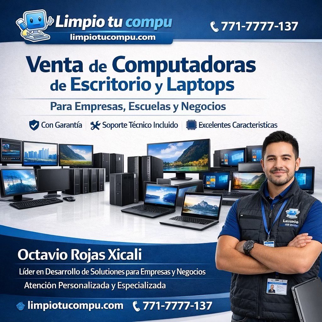 limpiotucompu's tweet photo. 💻 En LimpioTuCompu ofrecemos computadoras y laptops para empresas, escuelas y negocios 🚀

Equipos con garantía, soporte técnico incluido y atención personalizada.

👨‍💼 Te atiende el experto
🔥 Precio preferencial
📲 Agenda:
 @limpiotucompu
☎️ 771-7777-137 https://t.co/mwfFR5MHst