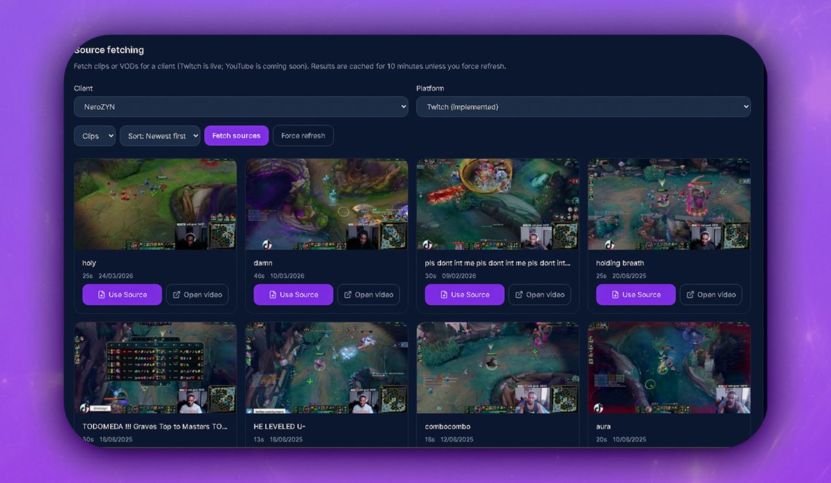 solodevdylan's tweet photo. Currently building EditTracker, a small CRM & workflow tracker for video editors. Clients, deliverables and income all in one web app.

Core feature: Source Fetching
Connect a client's Twitch/YouTube once, grab their latest clips/VODs which tie directly to deliverables.

No more tabbing between spreadsheets, Discord, Twitch, and YouTube.
Their workflow starts (and ends) in EditTracker ;)

Any editors interested in trying this out let me know !