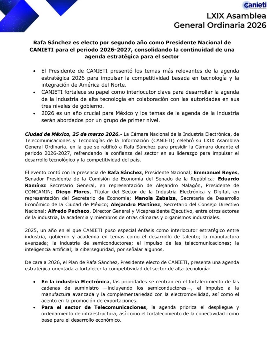 La <a href="/CANIETI/">CANIETI</a> ratifica a Rafael Sánchez para 2026-27 al frente del organismo que agrupa a las empresas de tecnología.