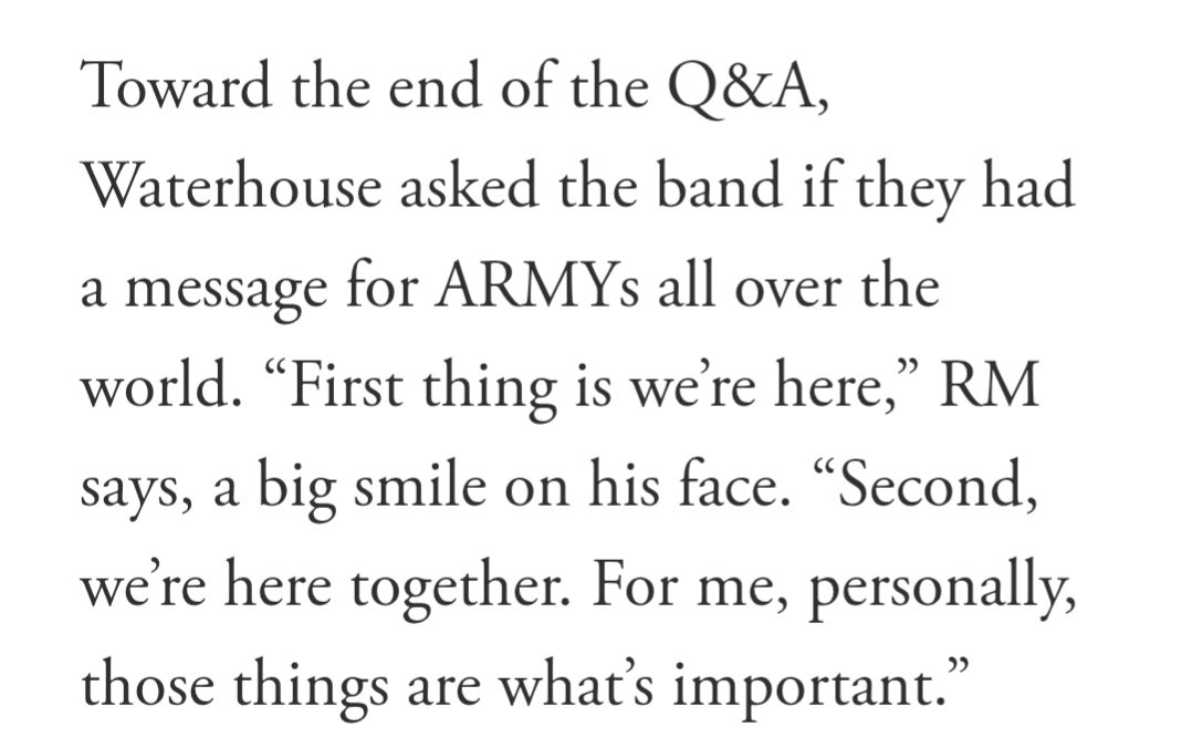 ฮือออออ!!!! จะร้องไห้ว่ะ บังทัน กับ ARMY มันคือ แค่นี้จริง ๆ 😭😭
🗣️มีข้อความอะไรจะฝากถึง ARMY ทั่วโลกไหม?
🐨อย่างแรกเลย คือ พวกเรายังอยู่ตรงนี้
🐨อย่างที่ 2 คือ พวกเราอยู่ตรงนี้ด้วยกัน สำหรับผมเป็นการส่วนตัวแล้ว สิ่งเหล่านั้น คือ สิ่งที่สำคัญครับ