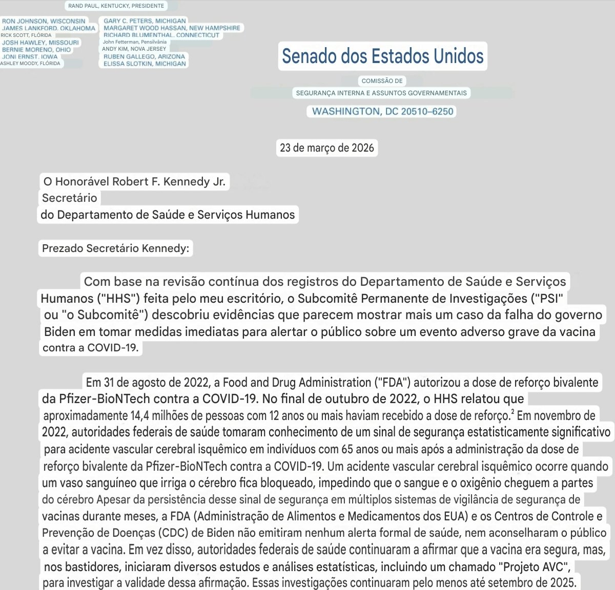 AnnaMonteiroAn1's tweet photo. 🌩

🇺🇸🚨

Investigação do Senado descobre que funcionários federais ocultaram o risco de AVC após a vacinação contra a COVID-19

As autoridades de saúde detectaram um sinal significativo de AVC isquémico em idosos - e, ainda assim, incentivaram a aceitação da vacina de reforço, minimizaram o risco internamente e disseram ao público que "não era necessária nenhuma alteração". Por Nicolas Hulscher, MPH.