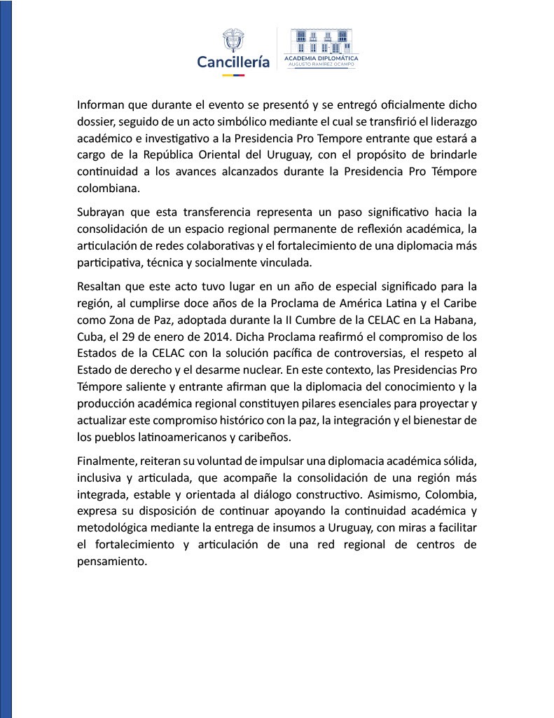 Compartimos el Comunicado Conjunto entre Colombia y Uruguay 🇨🇴🇺🇾. En el marco del evento “Traspaso de Liderazgo Académico y de Investigación para la Diplomacia de los Pueblos”.