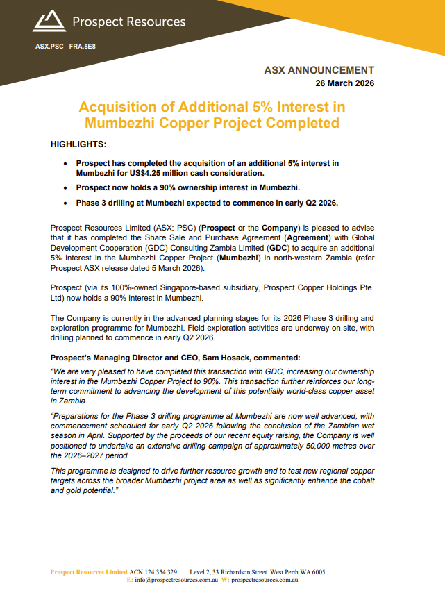 ProspectResLtd's tweet photo. $PSC acquired an additional 5% of the Mumbezhi Copper Project for US$4.25M, increasing ownership to 90%. Phase 3 drilling is expected from early Q2 2026, with the expansive program targeting resource growth, regional copper targets &amp; cobalt-gold upside: https://t.co/vsbLEzPCZH https://t.co/Ev7MDUS8ye