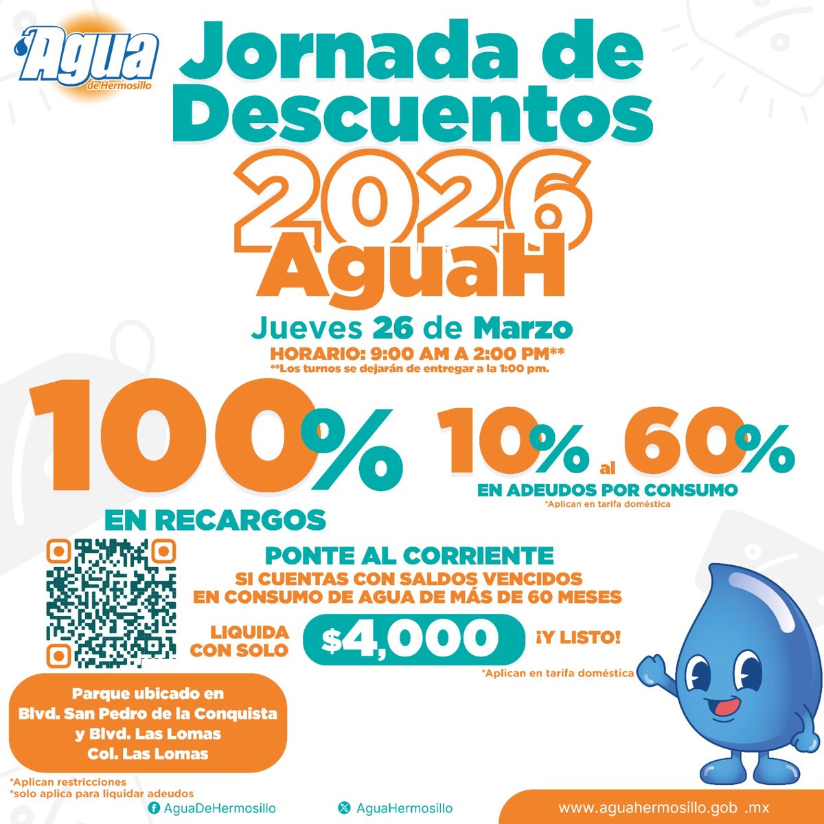 marquesinap's tweet photo. Realizará Agua de Hermosillo Jornada de Descuentos en adeudos este jueves 26 en colonia Las Lomas

Desde las ...
https://t.co/MrGG51kot2 https://t.co/ePg2otbLUk