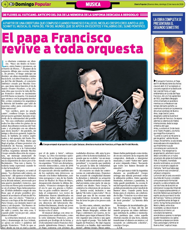 El musical que se prepara en su versión final para el 21 de abril para el aniversario de el Papa Francisco en la Basílica de San José de Flores. Un homenaje que no evade las contradicciones de la época. Francisco, el Papa del Fin del Mundo, un musical original y litúrgico.