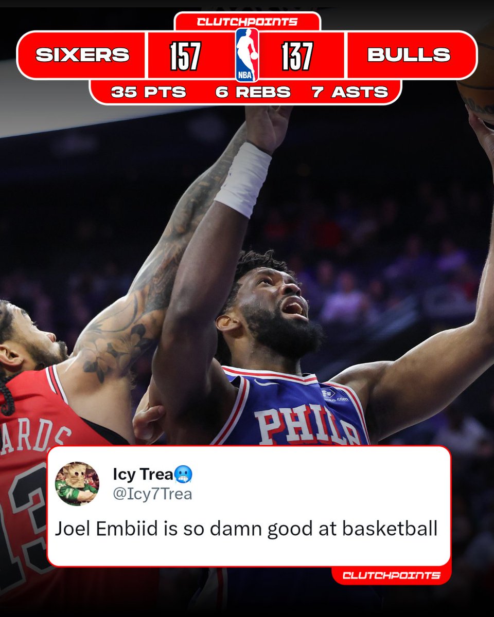 The Sixers take care of BUSINESS against the Bulls in Joel Embiid's return from injury 🔥

Embiid:
35 points
12-of-17 FG
3-of-3 3PT

Paul George:
28 points
11-of-22 FG
6-of-13 3PT
