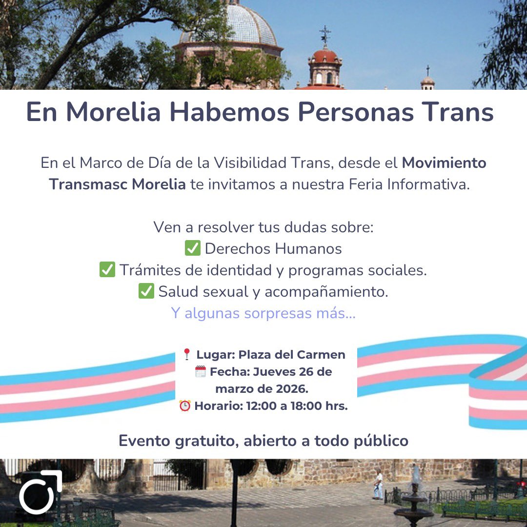 Les invitamos a la jornada: ¡En Morelia habemos personas trans! 🏳️‍⚧️  

Un espacio para acercar información sobre #identidades #trans, el acceso servicios de reconocimiento de #identidad y el ejercicio de los #derechoshumanos ⚖️.  

Estaremos ahí con un stand de información 🏳️‍🌈,…