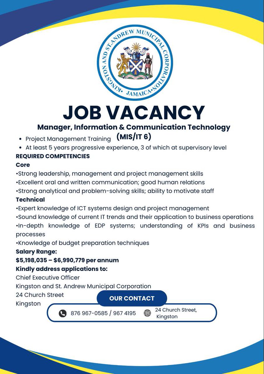 JOB OPPORTUNITY 🚨

The KSAMC invites applications from suitably qualified persons for the position of Manager, Information &amp; Communication Technology (MIS/IT 6).

📩 Apply today and be part of a team driving innovation and service excellence!