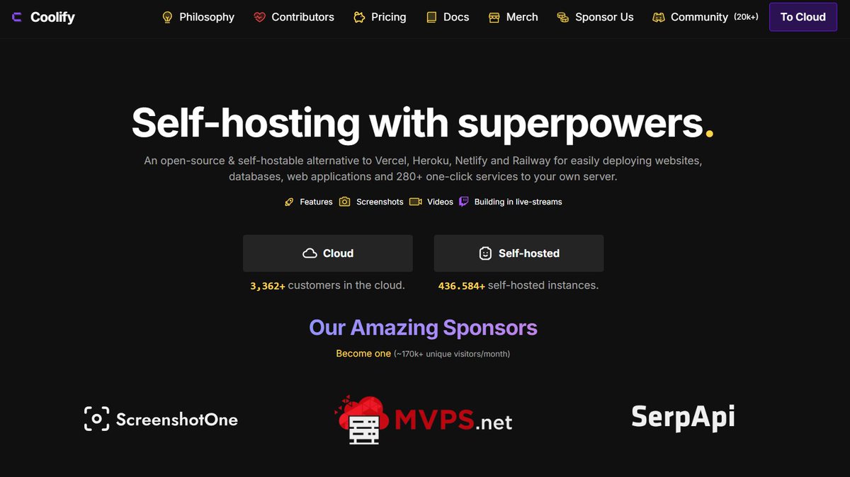 ErickSky's tweet photo. 🚨 LOS DEVS QUE ODIAN PAGAR CLOUD LO ESTÁN SPAMMEANDO EN X

Un mundo sin Vercel, Heroku y Netlify es posible...

Recordatorio de que salió ayer el [Coolify v4 beta] y para quien no lo conozca, es el PaaS self-hosted que lo cambió todo:

- +280 servicios con 1 click.
- Se instala con un solo curl.
- UI más bonita que la de Vercel.
- Corre en tu servidor.

REPOOO👇