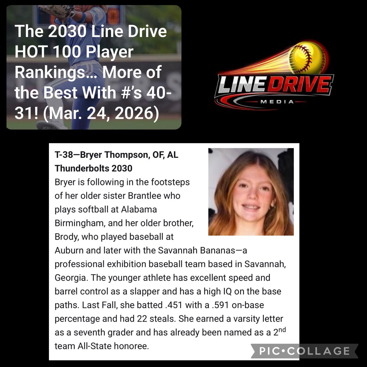 BryerThompson's tweet image. Thank you @LineDsoftball for ranking me #38 for the Class of 2030.  Thankful &amp;amp; Blessed to be among all these amazing athletes!  #lefty #slapper ❤️🥎