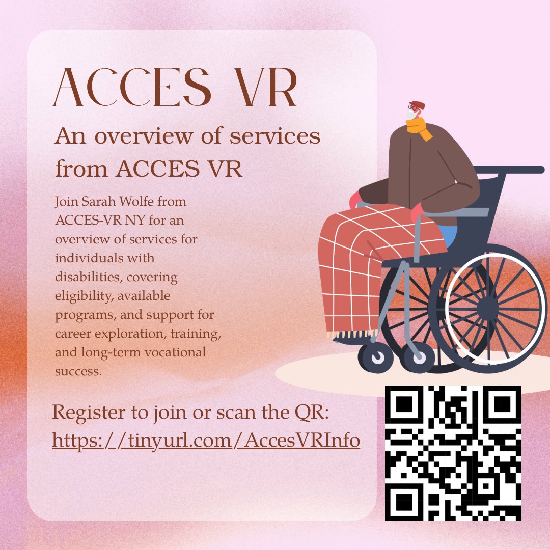 PtoPofNYS's tweet image. TONIGHT! It's not too late to register...

🎓 ACCES-VR Webinar! 🚀

🗓️ When: April 13 | 7:00 PM ⏰
📍 Where: Online via Zoom 💻
👉 Register Here: tinyurl.com/AccesVRInfo
#ACCESVR #DisabilitySupport #CareerGoals #ParentToParent #NYSJobs #Inclusion #VocationalRehab #FreeWebinar