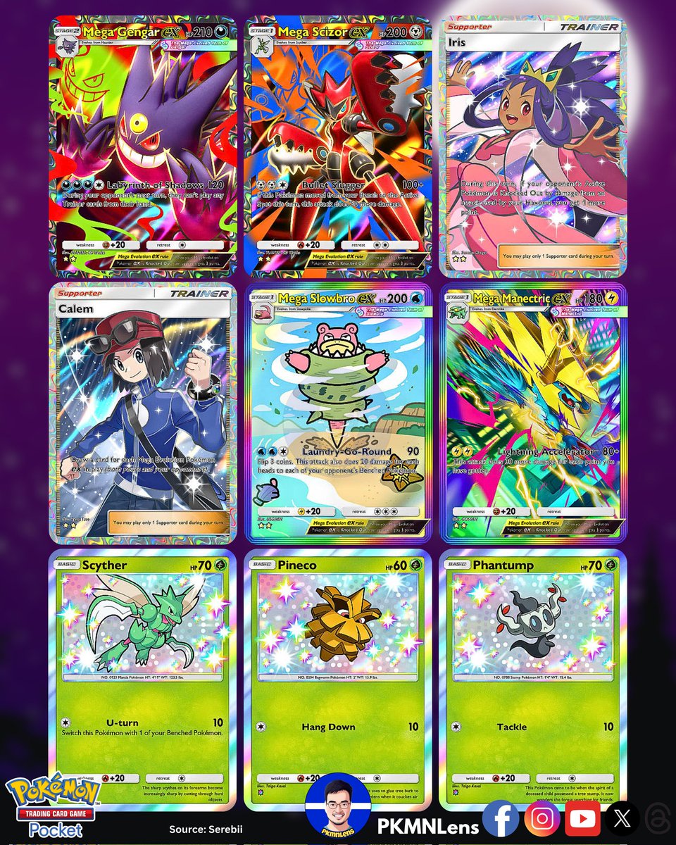 PKMNLens's tweet image. SHINY MEGAS among the 48 secret rares from the new Mega Shine set in Pokemon TCG Pocket! (1/2)
#pokemontcgpocket #megaevolution #shinypokemon #charizard #gengar