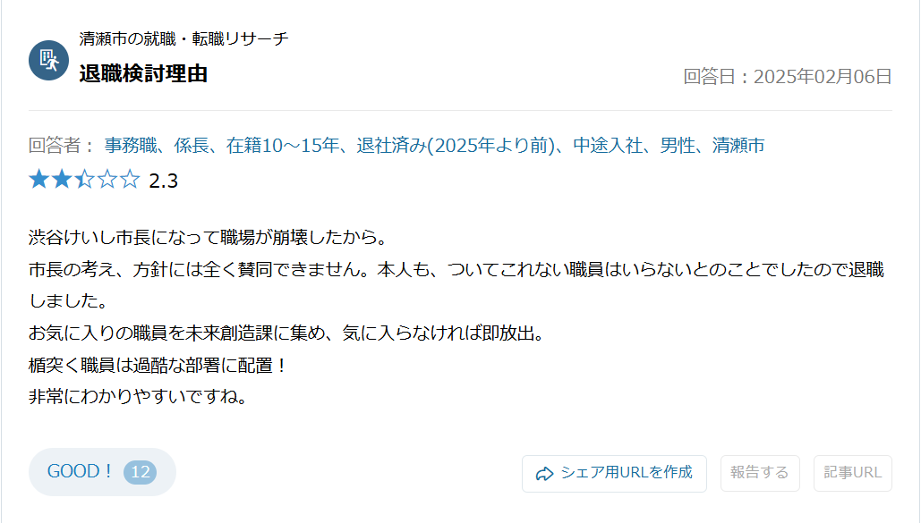 職場が崩壊
お気に入りの職員を未来創造課
気に入らなければ即放出
盾突く職員は過酷な部署
怖すぎ案件　清瀬市役所
＃清瀬市　＃渋谷けいし