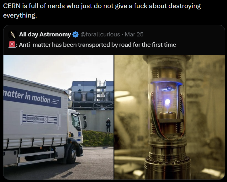 stupidmathtakes's tweet photo. 92 antiprotons annihilating is not gonna destroy anything https://t.co/9eSO57xzxb