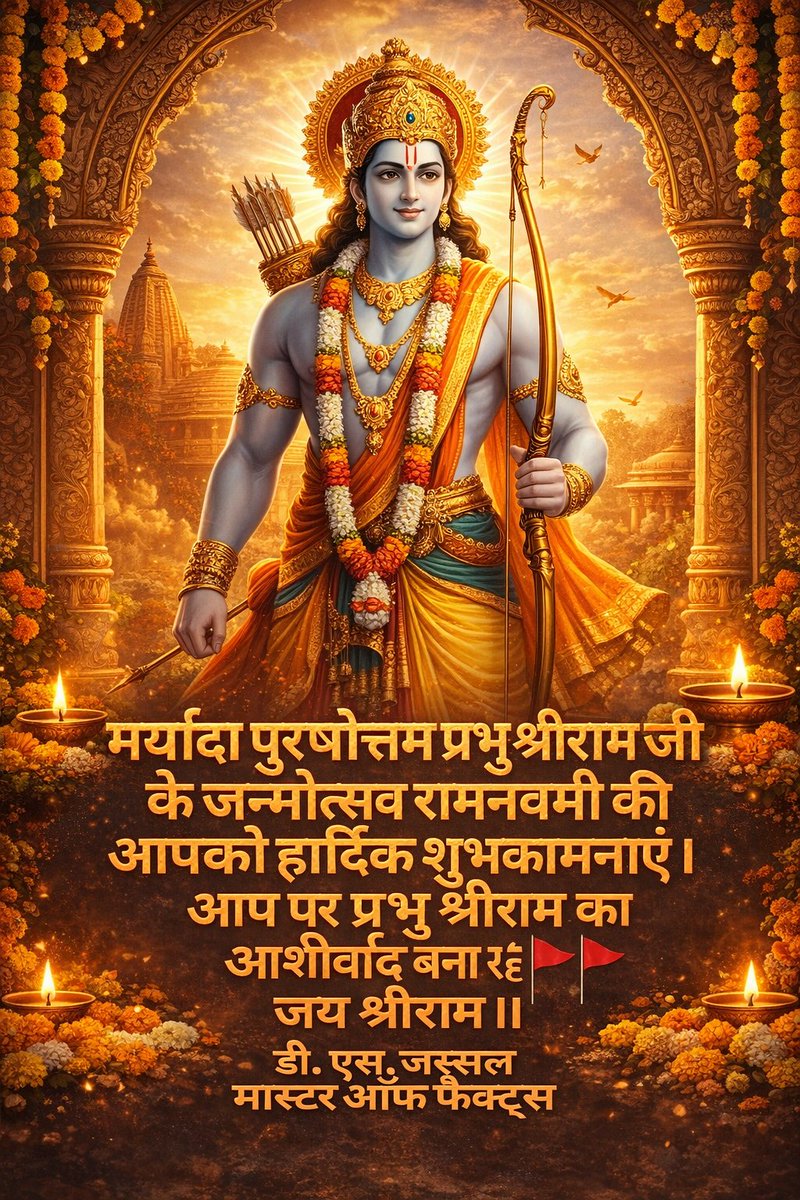 ✍🏻
*मर्यादा पुरषोत्तम प्रभु श्रीराम जी के जन्मोत्सव रामनवमी की आपको हार्दिक शुभकामनाएं ।*
 *आप पर प्रभु श्रीराम का आशीर्वाद बना रहे ।*
*जय श्रीराम ।।* 🚩🚩
  *सुप्रभात*
*डी.एस. जस्सल*
*मास्टर ऑफ फैक्ट्स*
#RamNavami2026#RamNavami
